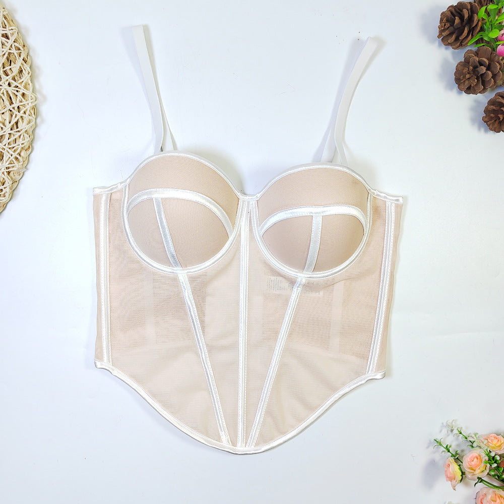 Cross Border Foreign Trade Fishbone Mesh Tube Top Backless Design Lines Contrast Color Corset Sexy Top
