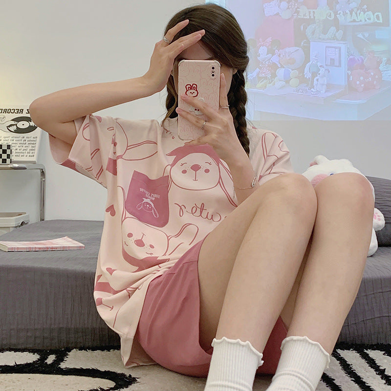 Women's Summer Cute Cartoon Short Sleeve Pajamas Suit