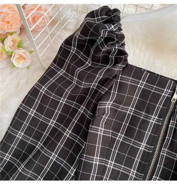 Contrast Color Cutout Knit Sweater Short Plaid Skirt