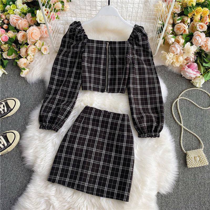 Contrast Color Cutout Knit Sweater Short Plaid Skirt