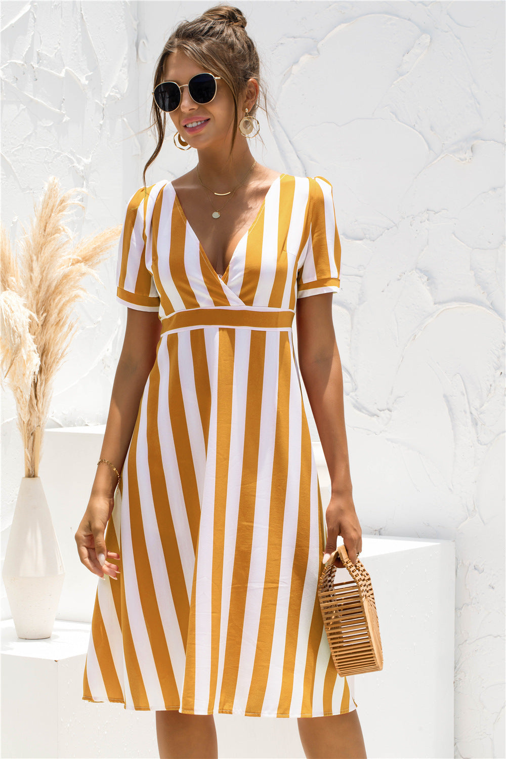 Printed V-neck Striped Short Sleeve Dress