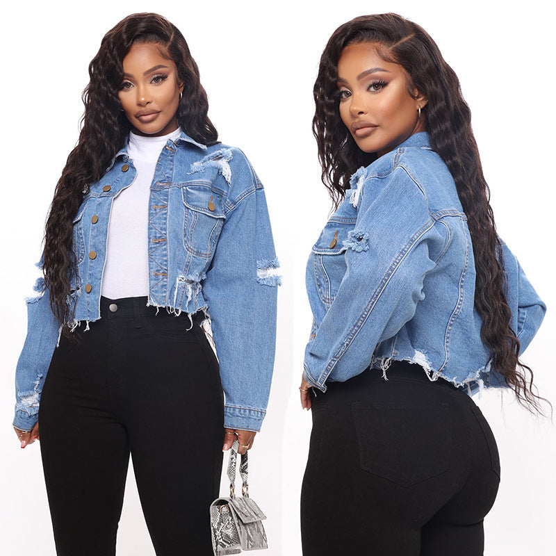 Ripped Denim Short Washed Long Sleeve Coat