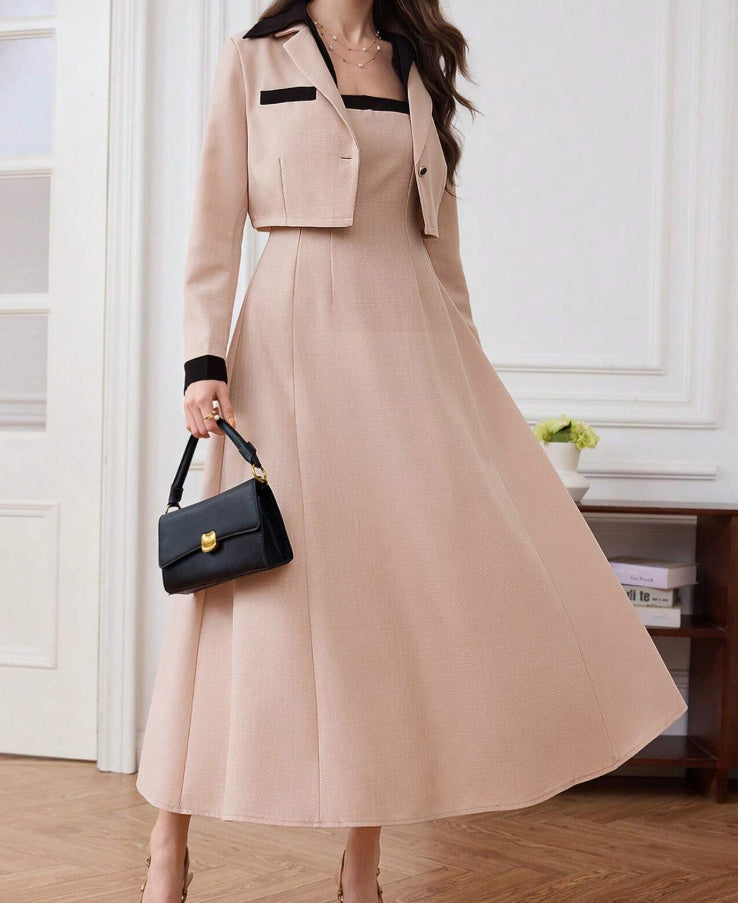 Women's Autumn Color Blocked Round Neck Long Sleeved Jacket And Camisole Skirt