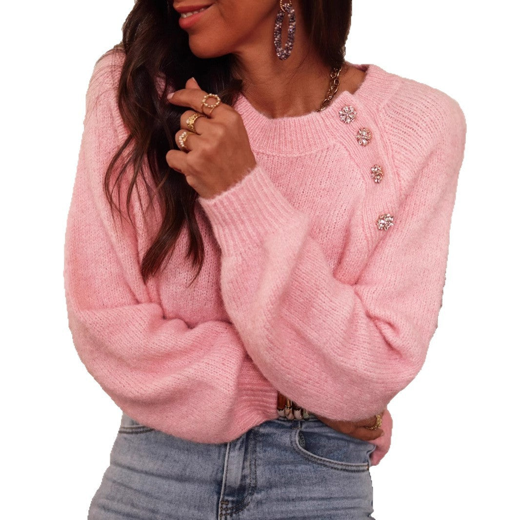 Solid Color Raglan Sleeve Round Neck Button Sweater