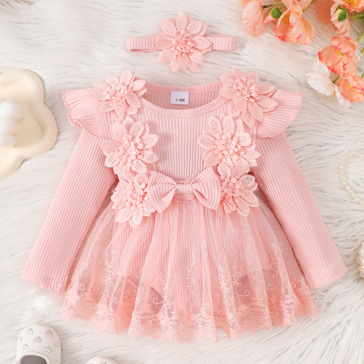 Infant Toddler Lace Flower Long Sleeve Jumpsuit Princess Princess Dress
