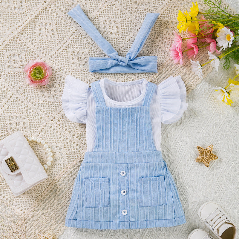 Girls' Short-sleeved Top Suspender Pants Hair Accessories