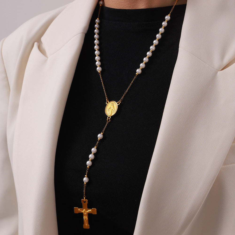 Retro Aloofness Style Personalized Hip Hop Niche Necklace Tassel Cross Pendant Titanium Steel Gold Plated Ornament