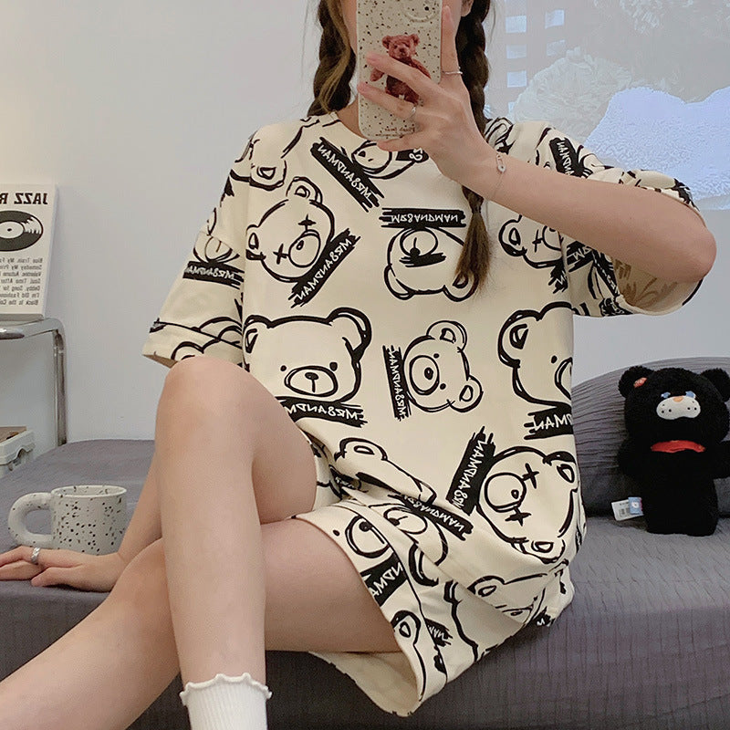Women's Summer Cute Cartoon Short Sleeve Pajamas Suit