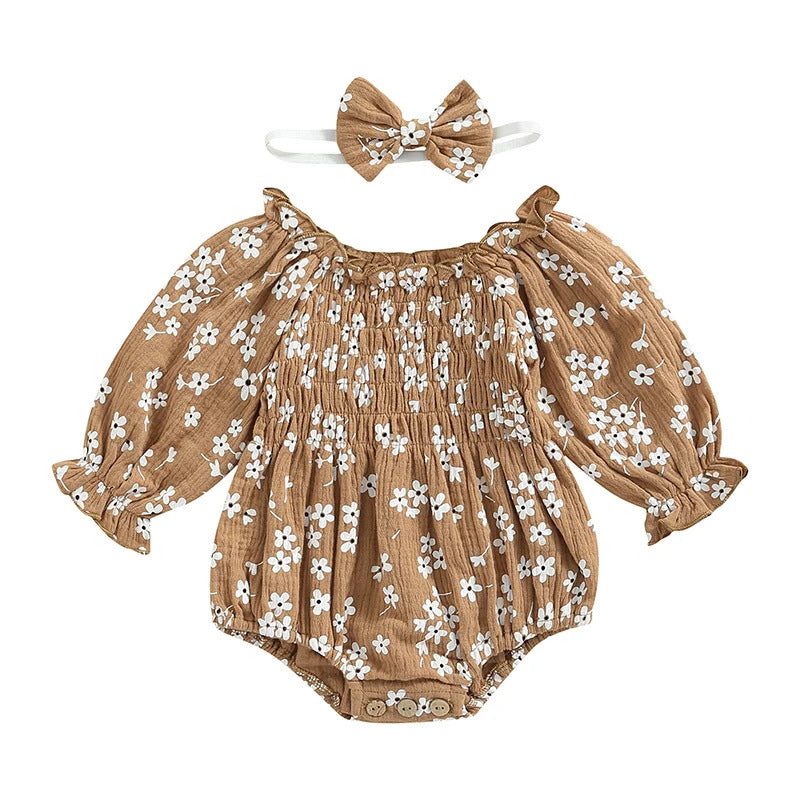 Flowers Full Printed Long-sleeve Jumpsuit Romper Bow Hair Accessories